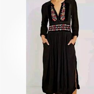 Free People Size XS TP Embroidered Floral Dress Boho Peasant Pockets Slit Lined